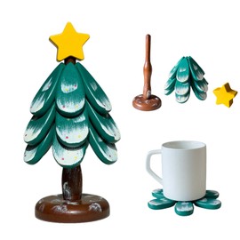 CHAQI Christmas Tree Shaped Coasters and Trivet Set, 3-Piece Folding Wooden Mat for Drinks,Plates,Pots,Automatic Unfolding Design Table Protection Coasters Practical Gift Idea for Christmas