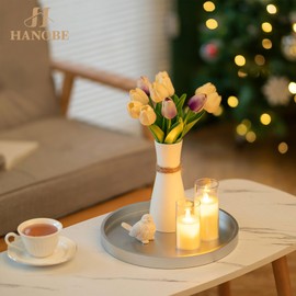 Hanobe Candle Plate Holder Tray: Champagne Sliver Round Wood Candle Plate Decorative Centerpiece Small Tealight Pillar Trays for Living Room Dining Coffee Table Home Decor