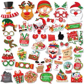 HOWAF 44pcs Photo Props Christmas Photo Booth Props Santa Snowman Reindeer Christmas Photo Box Accessories Christmas Glasses for Christmas Party Christmas Decoration