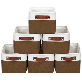 Bagnizer Small Storage Basksts with PU Handle - 12*8*6 inch Decorative Fabric Storage Bins, Foldable Linen Closet Cubes, Organizer Container for Home, Shelves, Nursery, Dorm, Gift (Brown&White)