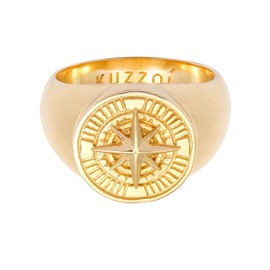 Kuzzoi 0605512820 Men's Signet Ring Round Solid 15 mm Wide in 925 Sterling Silver Gold-Plated Ring Golden with Compass Symbol, Maritime Ring for Men in Ring Size 60 - 66, Sterling Silver