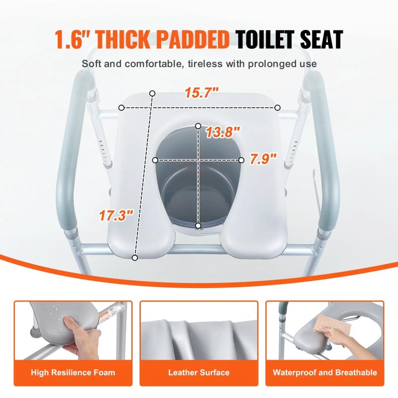 Adjustable Height Commode Chair With Removable Bucket Padded Seat Arms