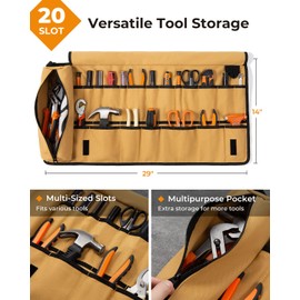 Foxrino Tool Roll, Heavy Duty Tool Roll Bag Organizer, Roll Up Tool Pouch with 20 + 1 Pocket, Gifts for Men Father Dad Mechanic, Brown