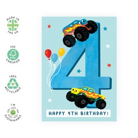 4th Birthday Card for Boys – Monster Truck Design – Fun and Colourful Card Gifts for Kids, Son, Nephew, Grandson, Children, Little Ones from Mum, Dad, Family– Turning 4 Years Old- Comes with Stickers