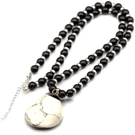 Natural Tumbled Howlite Pendant, Genuine Black Onyx Beaded Necklace, White Stone Necklace, Gemstone Necklace, 8mm Beads, Unique Fashion Jewelry, Healing Crystal Chakra Necklace, Crystal Pendant