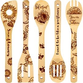 5 Pieces Sunflower Wooden Spoons Set Burned Cooking Utensil Spoon Sunflower Kitchen Baking Spoon Summer Kitchen Decoration for Wedding Bridal Shower Christmas Gift Ideas
