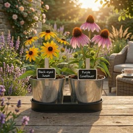 BUZZY Seeds Pollinator Garden Grow Kit with 2 Galvanized Metal Pots, Black-Eyed Susan and Coneflower Seeds, Growing Medium, Plant Markers, Chalk and Easy Instructions, Great Gift for Plant Lovers