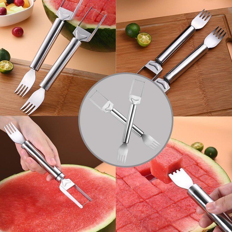 2Pcs Watermelon Fork Slicer Cutter 2-in-1 Stainless Steel Fruit Cutter