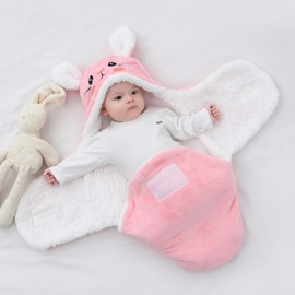 Winmany Baby Hooded Fleece Swaddle Blanket Newborn Fannel Cartoon Receiving Blanket Soft Plush Sleeping Bag Sack Stroller Wrap for Infants Girl Boy 0-6Months (Pink Rabbit, 0-3Month)