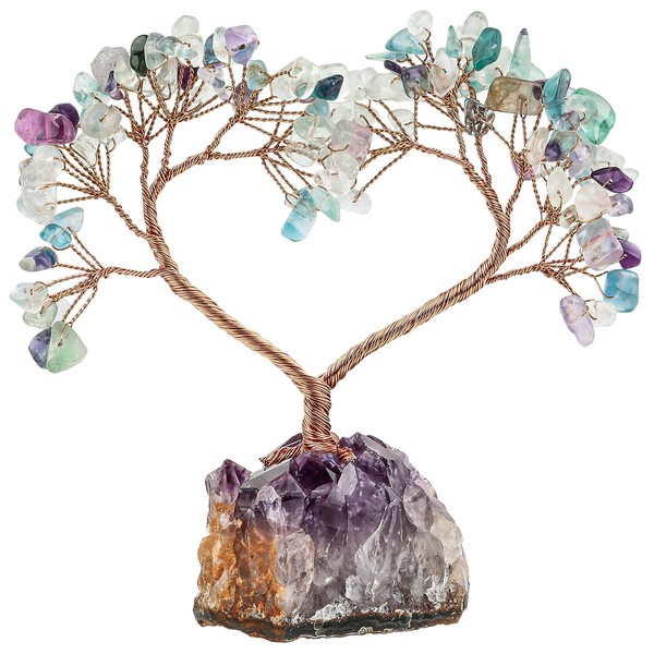 TUMBEELLUWA Crystal Stones Money Tree with Natural Amethyst Cluster Base Handmade Heart Love Figurine Bonsai Tree for Good Luck and Wealth, Fluorite