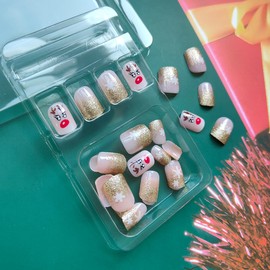 24Pcs Christmas Press on Nails Square Short Fake Nails with Cute Elk Designs, Gold Glitter French Tip Acrylic False Nails Full Cover Christmas Glue on Nails Xmas Artificial Nails Kits for Women Girls