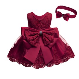 Toddler Baby Girls Formal Dresses Infant Bowknot Embroidery Tutu Lace Gown Dress Kids Pageant Party Wedding Birthday Flower Dresses Size 12M (Burgundy 12M)
