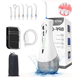 Irrigador Bucal 320ML, Portátil e Impermeable IPX7, 4 Modos y 7 Puntas de Chorro, Hilo Dental de Agua (Blanco)