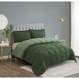 HIG 3 Pieces Green Oversized King Plus Comforter Set, Modern Breathable Box Stitched Duvet Insert with 2 Shams, Soft Fluffy All Season Reversible Bedding Set Blanket with Corner Tabs for Bedroom