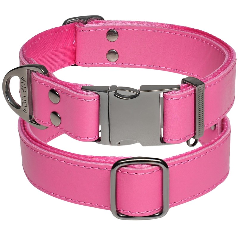 ADITYNA - Pink Leather Dog Collar with Metal Buckle for