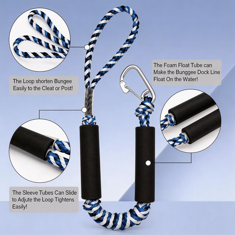 2 PK Blue Bungee Dock Lines for Boats 2FT with
