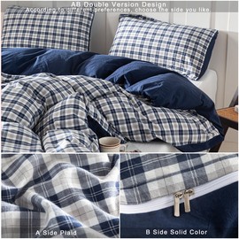 Janlive Navy Blue and White Plaid Duvet Cover Queen Size AB Double Version Design 100% Washed Cotton Linen Feel Textured Ultra Soft Bedding Set with Zipper Closure-3pcs Navy Blue and White Grid Queen