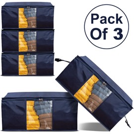 Garment Guardians 35L Clothes Storage Bag Underbed Wardrobe Foldable Storage Boxes with Lids | Storage Organiser | Breathable Fabric | Clear Window for Blankets, Bedding, Clothing,Pack of 3 (Navy)