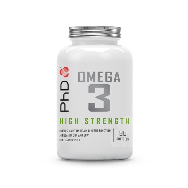 PhD Nutrition High Strength Omega 3 Softgel Capsules | 1650mg EPA/DHA per Daily Serving | Supports Heart, Brain Function and Eye Health | 90 Softgels (30 Days Supply)