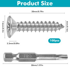 Pack of 100 Self-Tapping Stainless Steel Torx Screws, M4 x 20 mm Countersunk Torx Screws, Plum Head Stainless Steel 304 Wood Screws with T20 Screwdriver, Stainless Steel Screws for Furniture