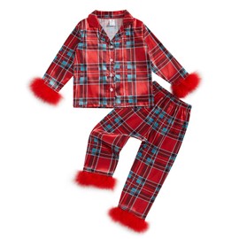 Toddler Girl Boy Christmas Satin Silk Pajamas Sets Button Down Sleep Shirt Top Pants Christmas Pjs Nightgown Outfit (Red, 4-5 Years)