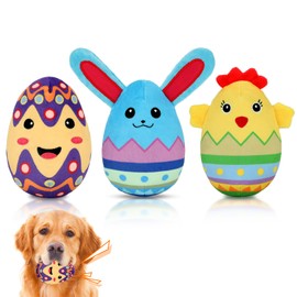YUEPET 3 Packs Easter Egg Dog Toys, Squeaky Dog Chew Toys for Cleaning Teeth and Relieving Anxiety, Plush Dog Toy Easter Gifts for Puppies Small Medium Dogs(Chicken+Rabbit+Egg)