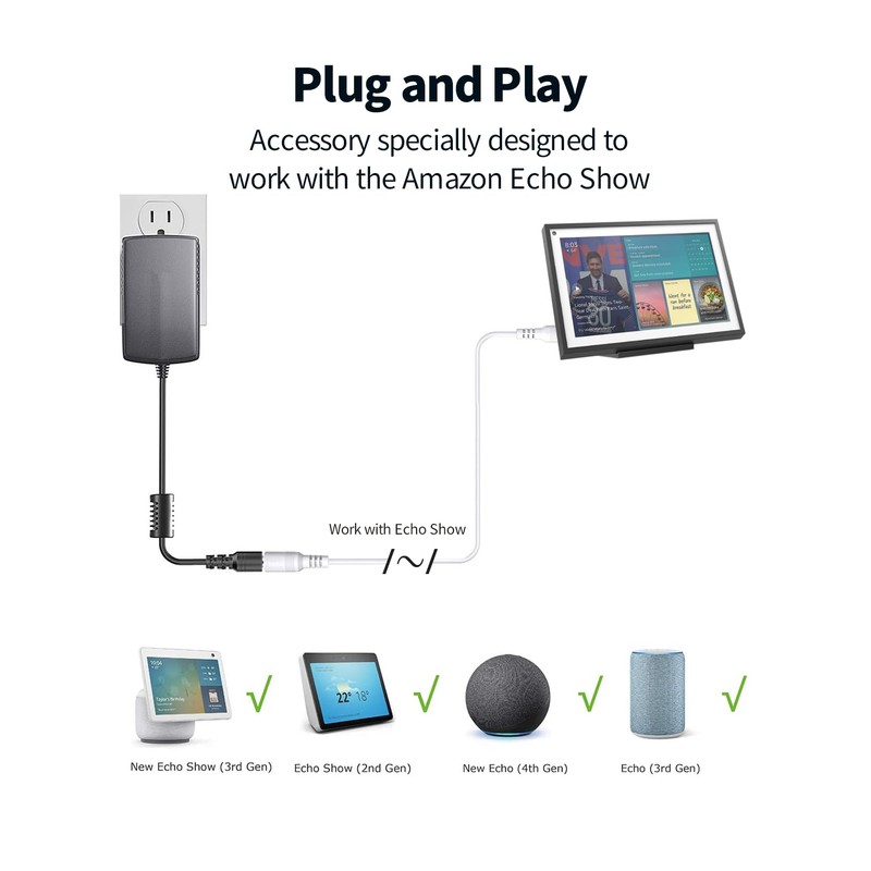 Tonton 30W 10ft Echo Show Power Extension Cord Cable Compatible