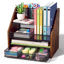 Homsorout Wooden Desk Organizer - Mesh File Organizer with Drawers and Pen Holder - 4-Tier Vertical Paper Letter Storage Tray, Desktop Organizers and Accessories for Home Office