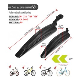 VeloGo Bicycle mudguard set, front and rear mudguard for mountain bike and road bike, adjustable angle, easy installation, suitable for 20-26 inch bicycles