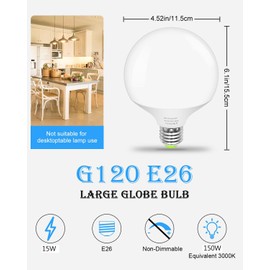 TRIJZHOU LED Light Bulb, G120 Large Globe Bulb, 15W(150W 200W Equivalent) Led Bulbs Warm White 3000K, 1800LM, CRI90+, Non-Dimmable, E26 Base, Perfect for Kitchen Living Room Office