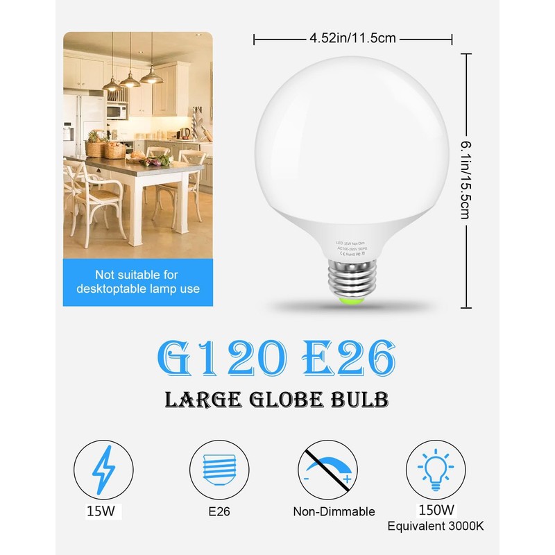 TRIJZHOU LED Light Bulb, G120 Large Globe Bulb, 15W(150W 200W