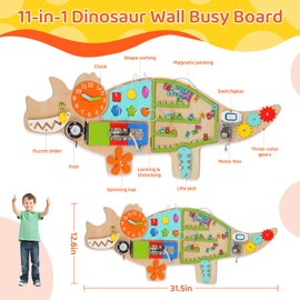 FIIOEOY Dinosaur Activity Wall Busy Board Panels, 11-in-1 Montessori Sensory Wall Panel for Kids, Toddler Learning Activity Center, Perfect for Playroom Daycare Nursery Classroom