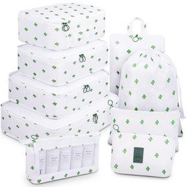 Mossio 9 Set Packing Cubes with Shoe Bag & Electronics Bag - Luggage Organizers Suitcase Travel Accessories - Color: White Cactus