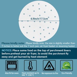 7 Inch Air Fryer Liners, Set of 100, 7.5/8/8.5/9/10inch Air Fryer Paper Available, Perforated Parchment Paper for Air Fryer, Steaming Basket and More