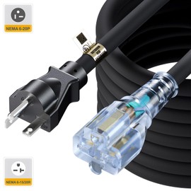 25-Feet (7.65 Meter) Long 20 Amp-250 Volt Nema 6-20P Extension Cord, 12AWG Nema 6-20 Heavy Duty Extension Cable, Nema 6-15/20R T-Blade Cord with Red Indicator Light