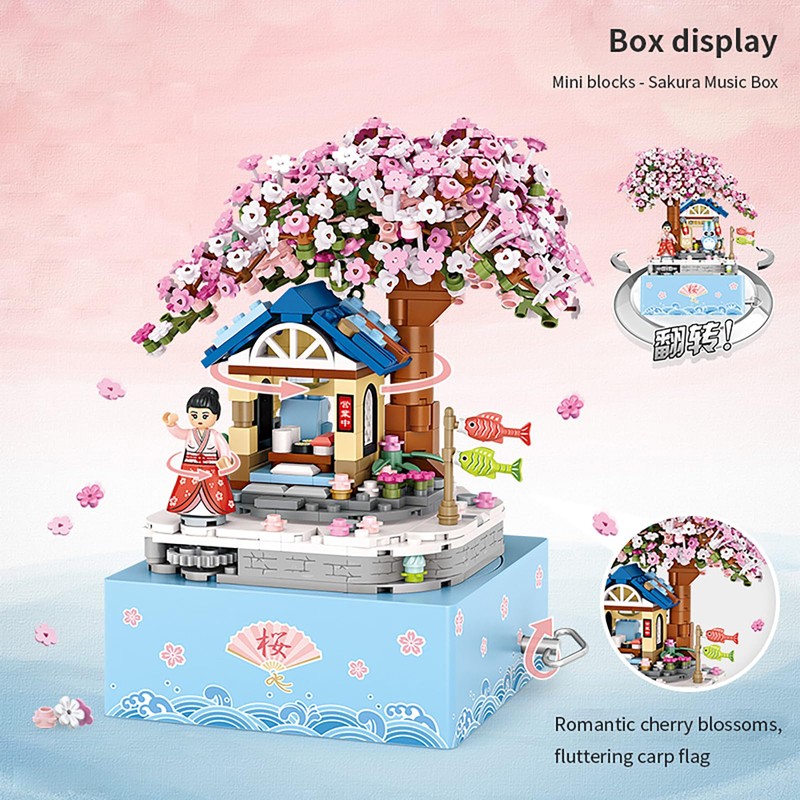 Mini Brick Sakura Music Box with Rotating Display, Sakura Music