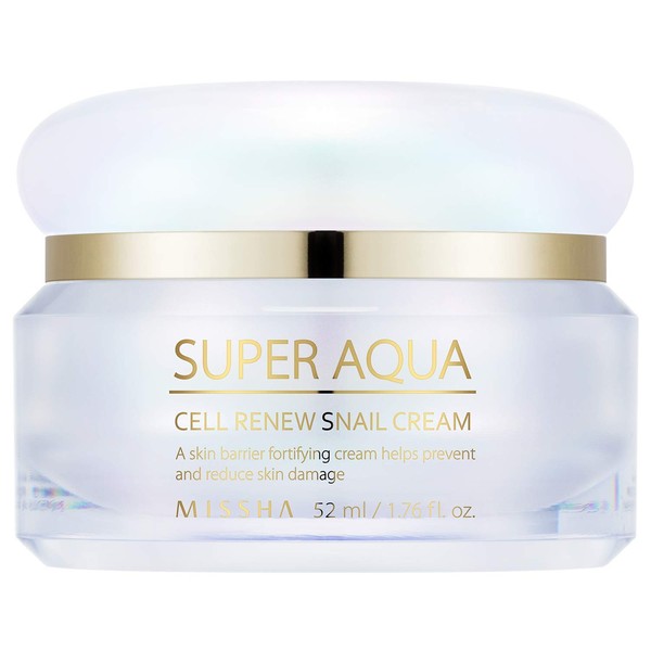 MISSHA Super Aqua Cell Renew Snail Cream 52ml- Anti-aging and brightening formula with 65% snail slime extract providing premium solution to damaged skin