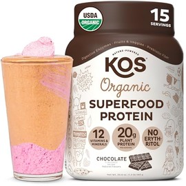 KOS Plant Based Protein Powder, Chocolate USDA Organic - Low Carb Pea Protein Blend, Vegan Superfood with Vitamins & Minerals - Keto, Soy, Dairy Free 