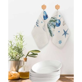 Hokiten Blue Coastal Christmas Waffle Kitchen Towels Dishcloths, Xmas Botanical Starfish Rustic Absorbent Dish Towels | Hand Towels for Bathroom/Bar, 12 x 12 Inch, 2 Pcs