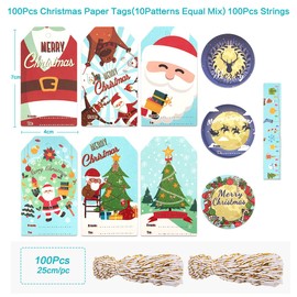 100pcs Gift Tags for Christmas, Xmas Gift Labels 10 Festive Pattern with String