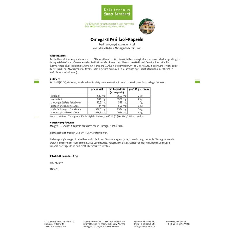 Sanct Bernhard Omega-3 Perilla Oil Capsules with Alpha Linolenic Acid