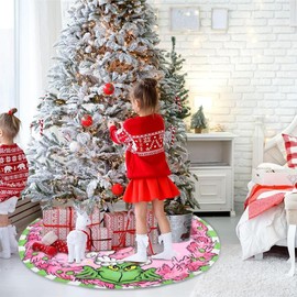 Christmas Tree Skirt 48 Inches Pink Christmas Decoration Round Winter Snowflake Tree Skirts Green Haired Monster Xmas Tree Mat Farmhouse Christmas Ornament for Holiday Party Home Decor Supplies