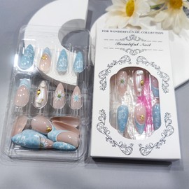 3D Sea Waves Press on Nails Glossy Blue Gradient Stick on Nail French Tips Medium Almond False Nail 24Pcs Flower Gel Glue on Fingernails Acrylic Full Cover Fake Nails for Holiday Manicure Art