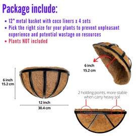 LalaGreen Wall Planters (4 Pack, 12 Inch) Black Metal Deck Railing Planter with Coco Liners, Wall Plant Holder Window Basket Flower Pots for Outdoor Plants, Horse Trough Modern Fence, Balcony, Patio