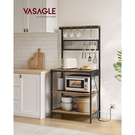 VASAGLE Bakers Rack with Charging Station, 31.5 Inches Coffee Bar Stand with Adjustable Storage Shelf, Grid Panel, 12 Hooks, Table for Microwave, Kitchen, Rustic Brown and Ink Black UKKS016K01