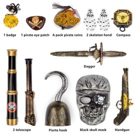 Pirate Treasure Play Set for Kids,Pirate Role-Play Toys,Pirate Costume kids Accessories with Pirate Mask,Gold Coins,Pirate Hook,Compass,Telescope,Plastic Sword,Eye Patch,Badge for Party Decor.