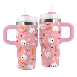 xiiai Rabbit Gifts for Kids - 14 Oz Pink Kids Tumbler with Handle and Straw, Stainless Steel Insulated Tumbler, Sweatproof, for Sports, School, Travel - Bunny Lovers Children Birthday Gifts Cups(1pc)