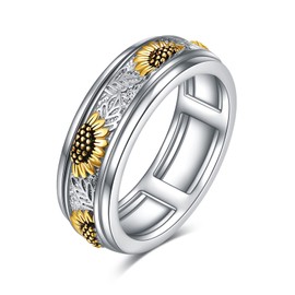 POPLYKE Sunflower Anxiety Spinner Rings Sterling Silver Sunflower Rotatable Mood Rings for Women Relieve Stress Jewellry Gift Size 7