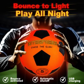 MoKasi Light Up Soccer Ball: Glow Brightly in The Dark with LED Tech, Ideal for Night Play, Size 5, Durable and Rechargeable, Birthday Gift for Kids 8-12, Sports Gear for Teen Boys and Girls
