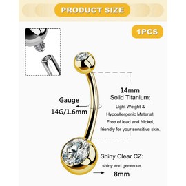 TPZORJX 14G Belly Button Piercing Titanium Gold 10 mm 12 mm 14 mm 16 mm Bar Length Piercing Navel Long CZ Balls Titanium Belly Button Piercing Navel Bars 1.6 mm Navel Ring Woman Man Gift Jewellery